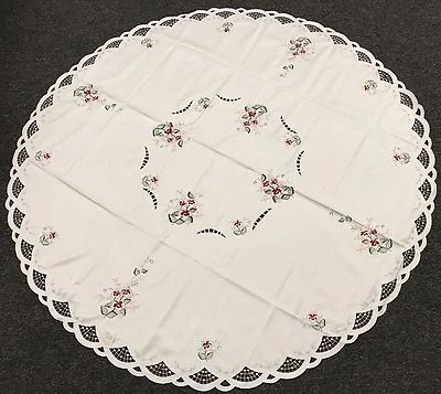 Embroidered Burgundy Flower Embroidery Polyester Fabric Tablecloth 58" Round - Image 1 of 4