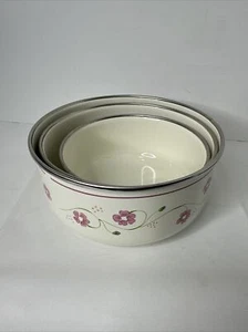 Vintage Metal Serving Nesting Storage Bowls Pink Floral Retro 1980s  Pink Flower - Picture 1 of 16