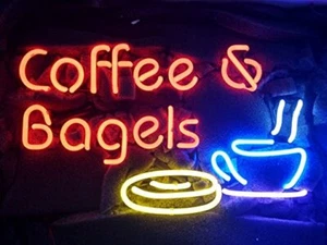 Coffee Bagels Neon Sign Light Store Open Windows Hanging Visual Artwork 24"x20" - Picture 1 of 1