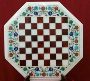 18'' white Marble Chess Table Top Pietra Dura Inlay lapis Children Game Kids p9 - Picture 1 of 4