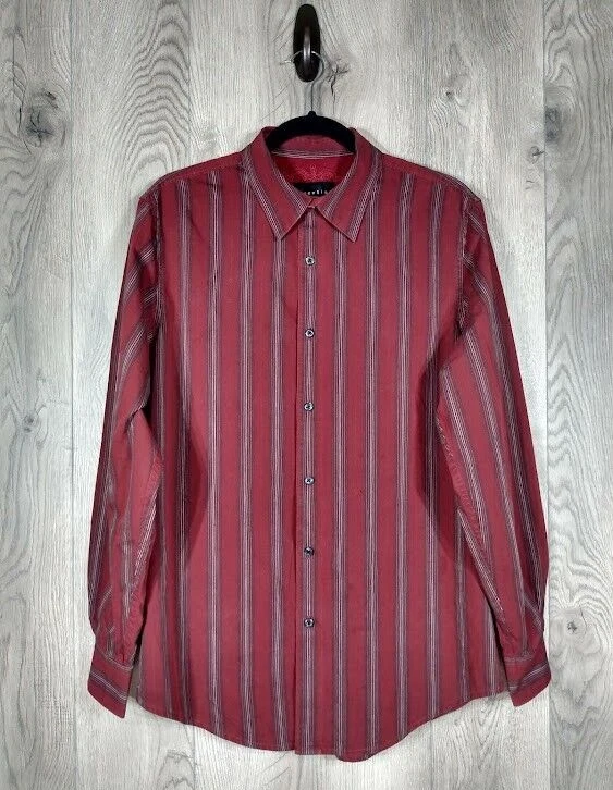 Camisa Attention manga larga a rayas con botones para hombre talla mediana borgoña Foto 1 de 4