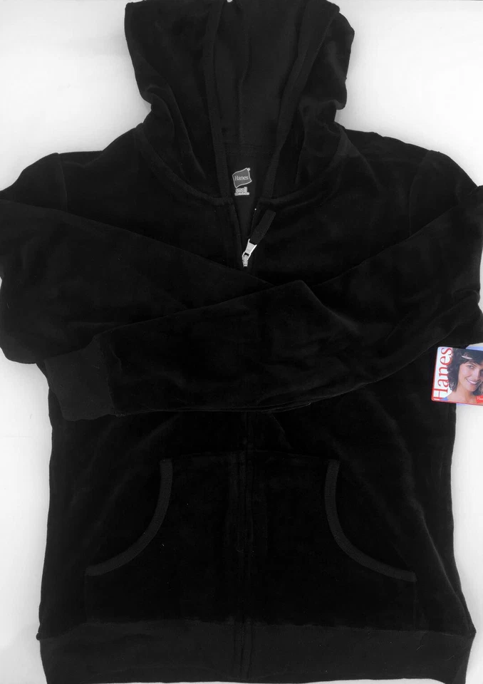 Chaqueta de terciopelo Missy Hanes para mujer con capucha cremallera completa negra profunda - pequeña solamente Foto 1 de 1