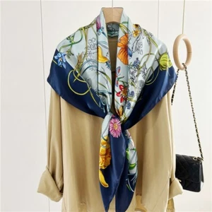 Mulberry Silk Wrap Shawl Bandanna Shawl Flowers Print Square Scarf 43" Blue/Navy - Picture 1 of 11