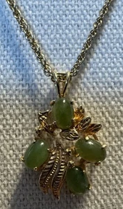 Vintage Necklace Joseph Cleary Green Jade Cabochon Golden Floral Pendant 18” - Picture 1 of 7