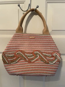 Eric Javitz Coral/beige Raffia Beaded Satchel handbag leather handles Rare Color - Picture 1 of 13