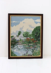 Vintage Tapestry Completed Needlepoint Flowers Park Pond Framed 18” X 14” - Picture 1 of 7