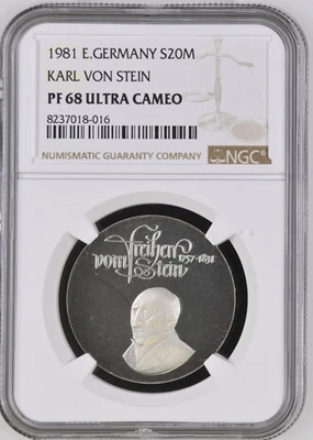 Germany DDR 20 mark 1981   Death of Karl vom Stein  NGC PF68 ULTRA CAMEO - Image 1 of 2