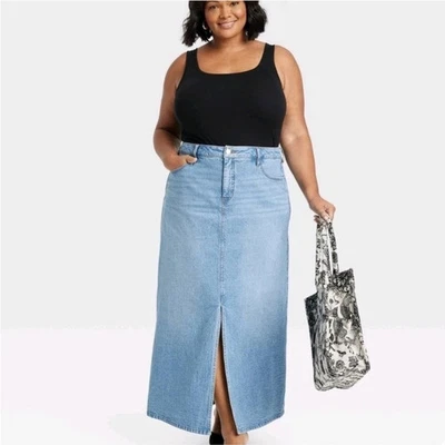 Falda vaquera de tiro alto Ava & Viv calce relajado para mujer línea A lavado ligero talla 24 Foto 1 de 4