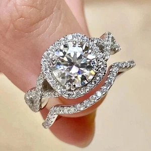 2,80 ctw runder Moissanit Halo Verlobungsring Braut Set 14k Weißgold plattiert - Bild 1 von 8