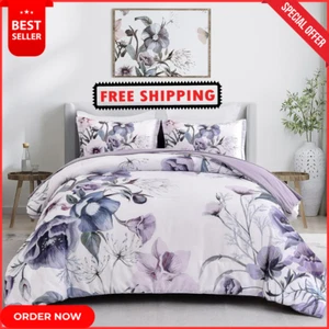 Luxudecor Floral Comforter Set Queen Size , Purple Flower Bed in a Bag Soft Set