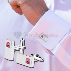 Luxury Men's Stainless Steel Cufflinks Pink CZ Cuff Link Wedding Gift Jewellery - Picture 1 of 12