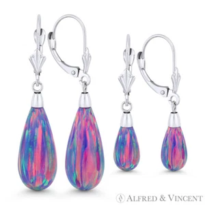 Lavendel Lab-Created Opal 14k Weißgold Leverback Träne Ohrhänger - Bild 1 von 3
