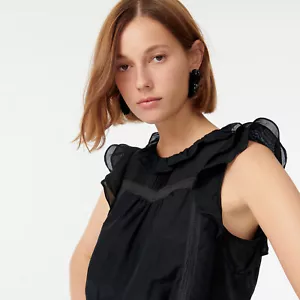 Top donna J.Crew XL cotone seta voile manica svolazzante nuovo con etichette $110 foderato nero - Foto 1 di 4