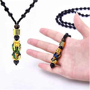 Collar Feng Shui Cuentas de Riqueza de la Suerte Negro Obsidiana Cambio de Color Pi Xiu Colgante - Imagen 1 de 14