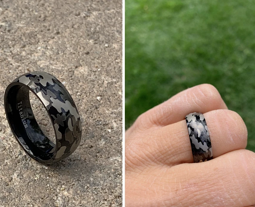 8mm Men or Woman Titanium Camo Military Gray Army Design Wedding Band Ring - Image 1 of 2