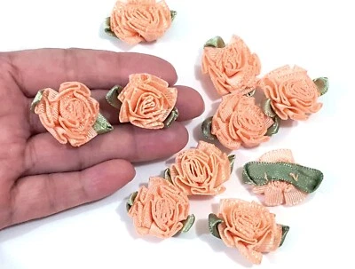 1" / 25mm wide Salmon / Peach Satin Grosgrain Ribbon Cabbage flower appliques C5 - Image 1 of 4