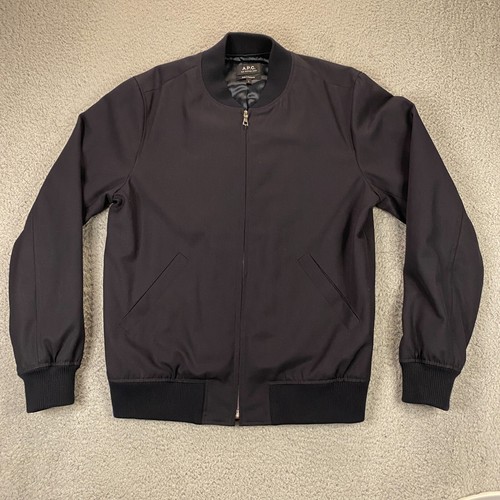 APC Wool Blend Bomber Jacket Mens Large Full Zip Lined Moto Biker Aviator Blue