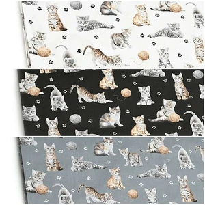 100% Cotton Fabric Cats Black White Grey Width 160 cm (62") Fabric - Picture 1 of 7