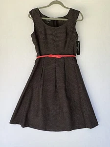 Women's Fit & Flare Dress Size 8 Black White Polka Dot With Red Belt NEW! - Picture 1 of 11