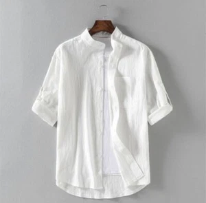 Camisa cárdigan manga corta cuello alto informal suelta algodón lino verano para hombre - Imagen 1 de 15