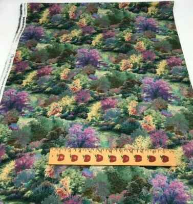 Fabric Cotton Quilt Green Purple Meadow Field Trees Flowers FQ Sewing Land Grown - Image 1 of 4