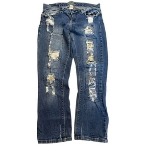 Pantalones de mezclilla rojos remaches desgastados patchwork pierna ancha Y2K grunge boho para mujer 7 - Imagen 1 de 5