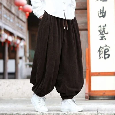 Chinese Style Men's Corduroy Wide Leg Pants Bloomers Drawstring Casual Trousers - Image 1 of 4