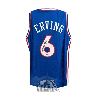 Camiseta deportiva de baloncesto azul personalizada autografiada por Julius Erving Philadelphia - BAS Foto 1 de 2