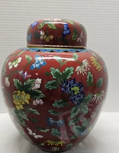 Cloisonne Ingwer Glas rote Farbe Blumen mit Deckel Urne China Vintage 10 x 7 Zoll - Bild 1 von 24