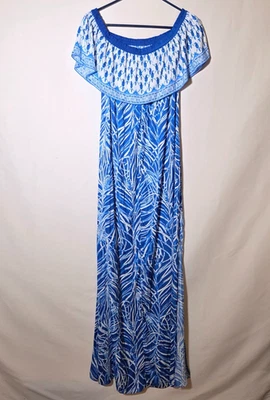 Lilly Pulitzer Women Maxi Dress L Blue White Parrot Off The Shoulders Beach Boho - Image 1 of 4