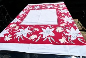 VINTAGE SIMTEX VIBRANT CHERRY RED & WHITE COTTON TABLECLOTH w TIGER LILY FLOWERS - Picture 1 of 8