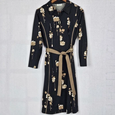 复古 Lorac 原装女士卡罗尔腰带连衣裙黑色带灰褐色玫瑰 M 码 — 第 1/4 张图片