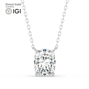 E Cushion Labgrown Diamond Solitaire Necklace 18k White Gold 2 Ct D Vvs2 - Picture 1 of 12