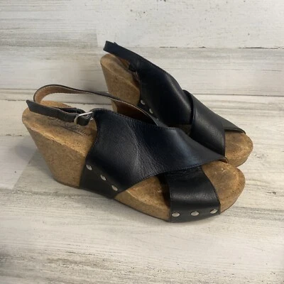 Sandalias de cuña de corcho Lucky Brand Minari para mujer 8M/38 de cuero negro con correa trasera Foto 1 de 4