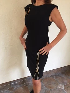 NEW DESIGNER SONIA K PARIS BLACK STUDDED WORK PARTY DRESS SIZE UK 10 EU42 US6 - Picture 1 of 6