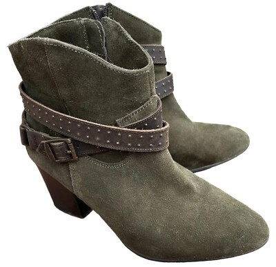 DIBA Suede Boots SIZE 10 Army Green Ankle Heeled Brown Leather Strap Bootie - Image 1 of 4