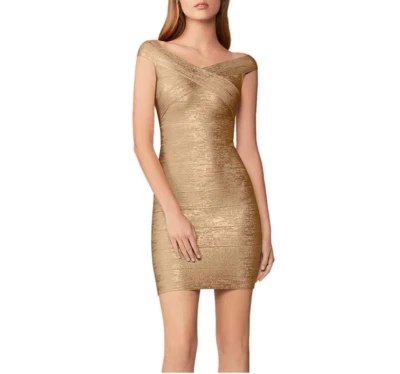 Hervé Leger Gold with Tag Foil Knit Bodycon Cocktail Dress - Image 1 of 4