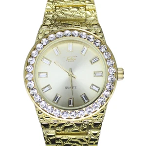 Men's Iced Bezel 44mm Nugget Techno Pave Hip Hop CZ Gold Plated Metal Band Watch - Picture 1 of 10