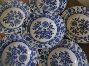 6 Antique S. Hancock & Sons "Dresden" Flow Blue Onion 9" Rimmed Bowls - Picture 1 of 6
