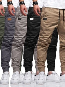 Men Pure Color Casual Loose Trousers Rope Mid-Waist Cargo Pants Pencil Trousers - Picture 1 of 24