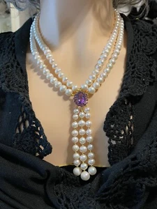 Large Oval Amethyst 14x10mm Pearl 925 Sterling Silver & 14k Gold Necklace 21.5" - Picture 1 of 7