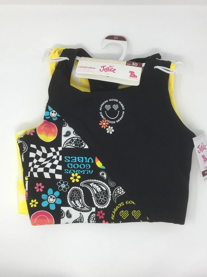 Justice Sports Bra Girl's Size 34 (2 Pack) Daisy & Good Vibes