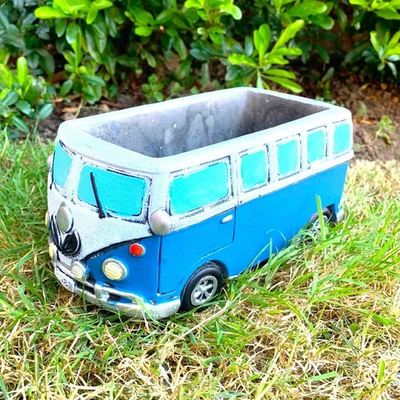 Blue VW Campervan Planter Cement Home Garden Plant Flower Seed Herb Pot Gift New - Image 1 of 4