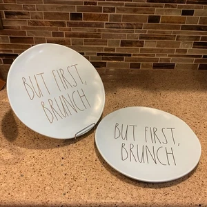 Rae Dunn Set of 2 Light Blue “But First, Brunch” Dinner Plates Metallic Letters - Picture 1 of 8