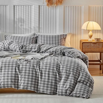 Juego de 3 piezas funda nórdica gris guinga algodón lavado king cuadros a cuadros Foto 1 de 4