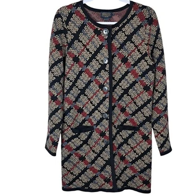 Cárdigan largo de lana merino PENDLETON S suéter bolsillos gris negro a cuadros clásico Foto 1 de 4