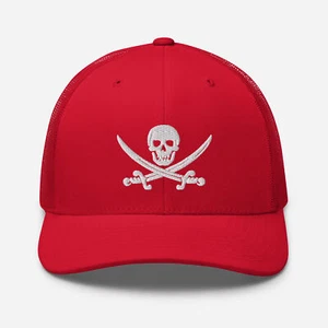 Jolly Roger Pirate Flag Hat, Calico Jack Flag Embroidered Mesh Trucker Cap - Picture 1 of 13