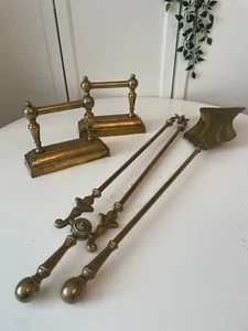 Art Deco Messing Feuerwerkzeug Set - Feuerhunde Zange Schaufel Andirons Antik - Bild 1 von 9