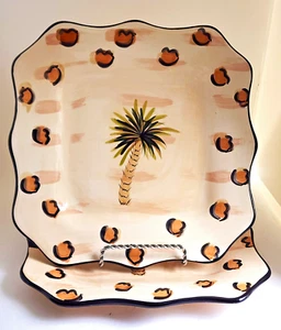 PLATES/DINNER-TABLETOPS GALLERY-"Jungle"-Cream Brown-Palm Tree-Wavy Edge-Set 2 - Picture 1 of 9