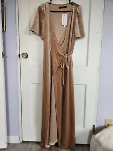 Merokeety V-Neck Bell Sleeve Wrap Velvet Split Maxi Dress, Champagne, Sz S - NWT - Picture 1 of 10